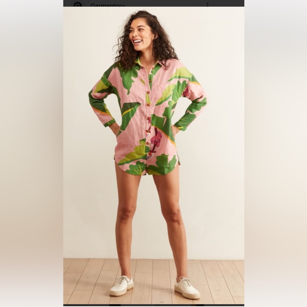 FARM Rio Pink and Green Leaf Print Romper